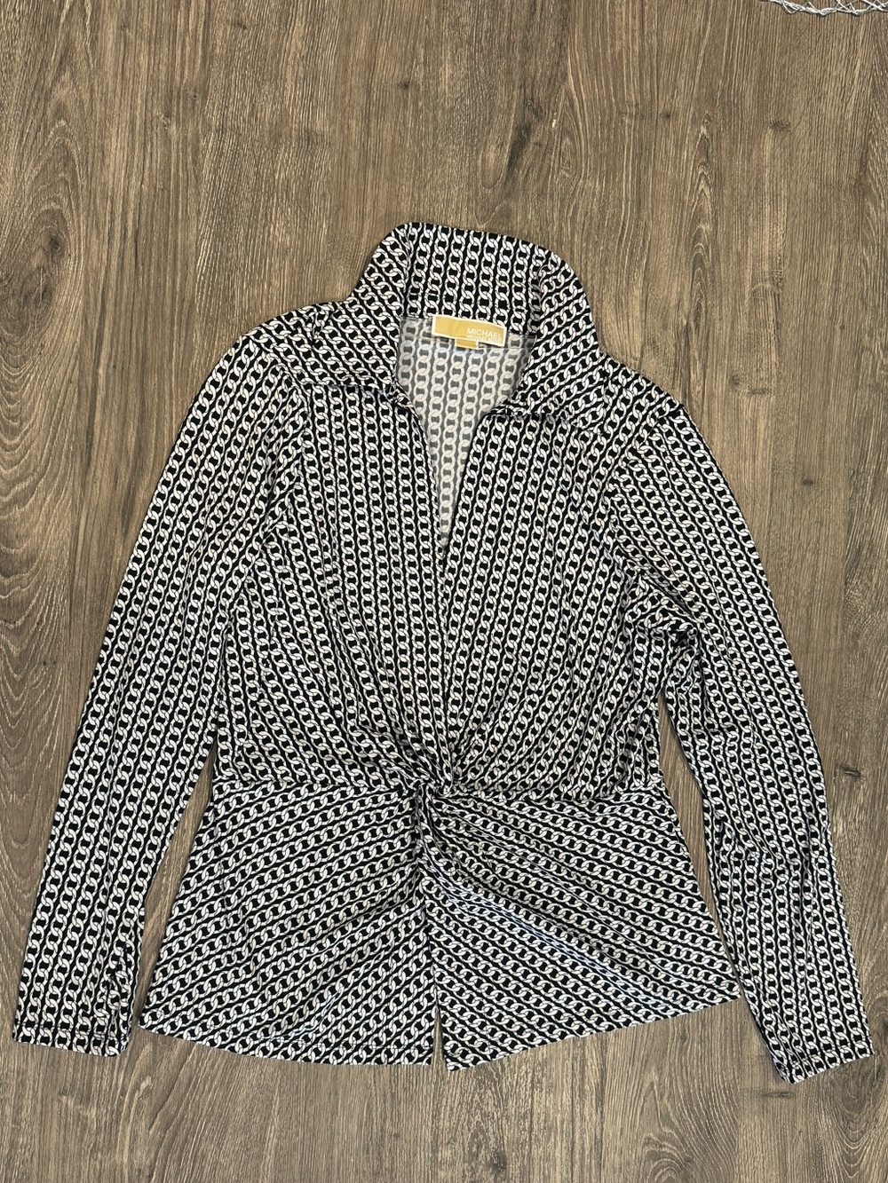 Michael Kors Black & White Knot-Front Blouse Size Medium